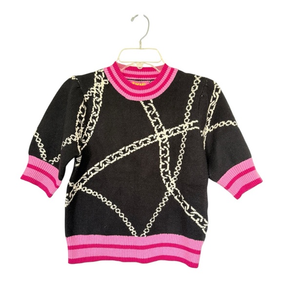 NWT THML Black & Pink Chain Print Short Sleeve Sweater Size M - Picture 1 of 5